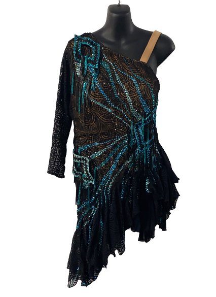 Pre Loved Black Lace & Blue Crystals Latin Dress (Size 12)