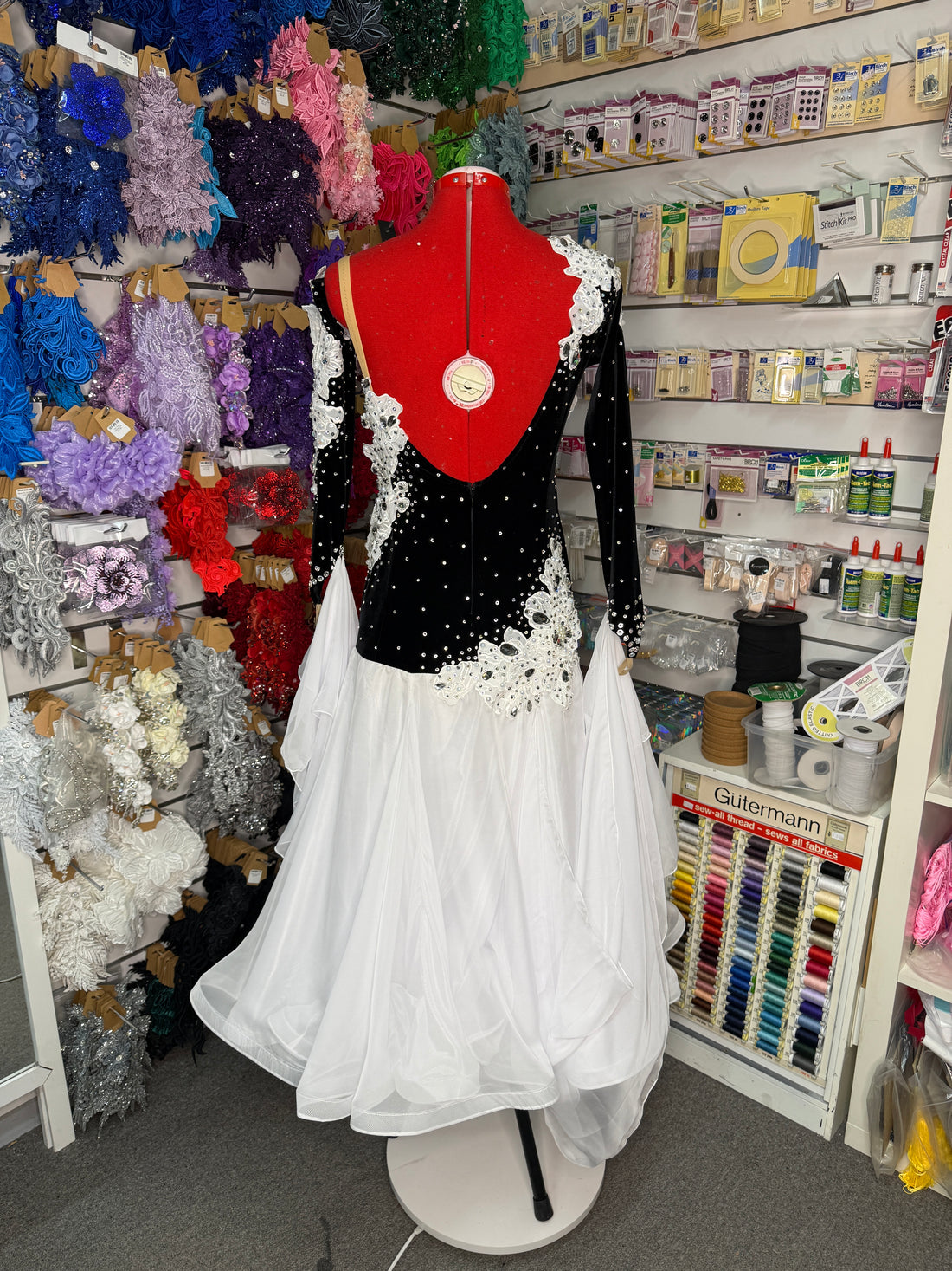 Brand New -Black Velvet/White Floral Ballroom Dress (Size 8-10)