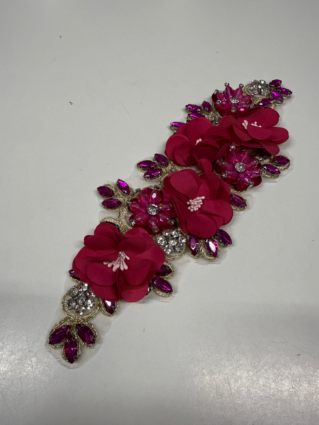 Penelope Fuchsia on Flesh Pink 3D Crystalled Lace Appliqué