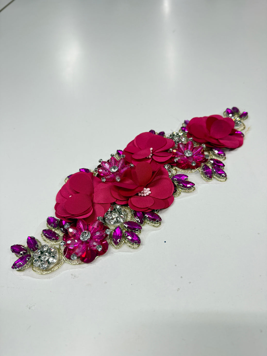 Penelope Fuchsia on Flesh Pink 3D Crystalled Lace Appliqué