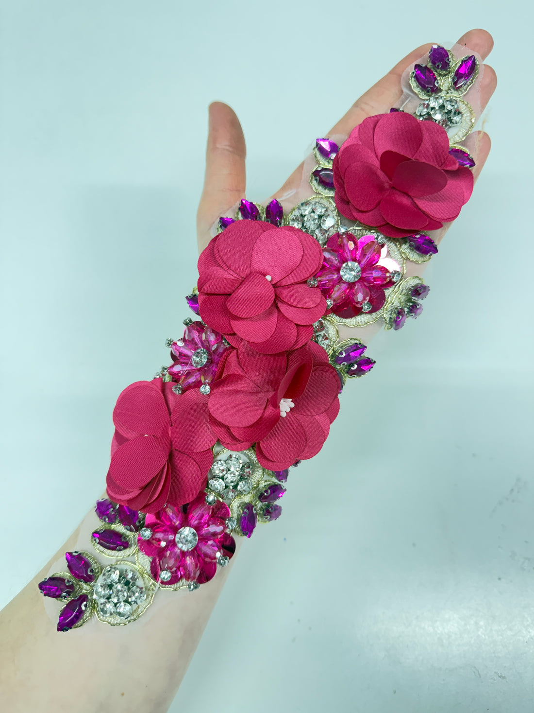 Penelope Fuchsia on Flesh Pink 3D Crystalled Lace Appliqué