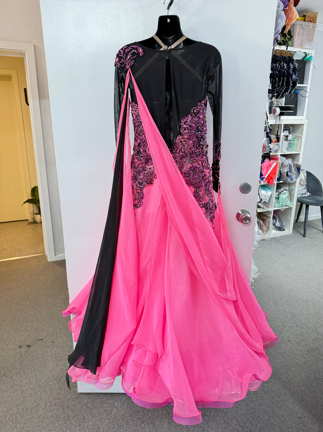 Pre Loved Pink & Black Ballroom Dress (Size 10-12)
