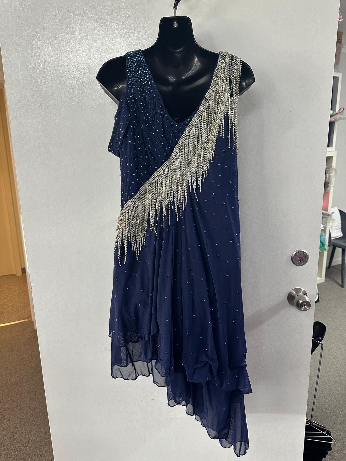 Pre Loved Navy Latin Dress with Diamante Fringing (Size 12-14)