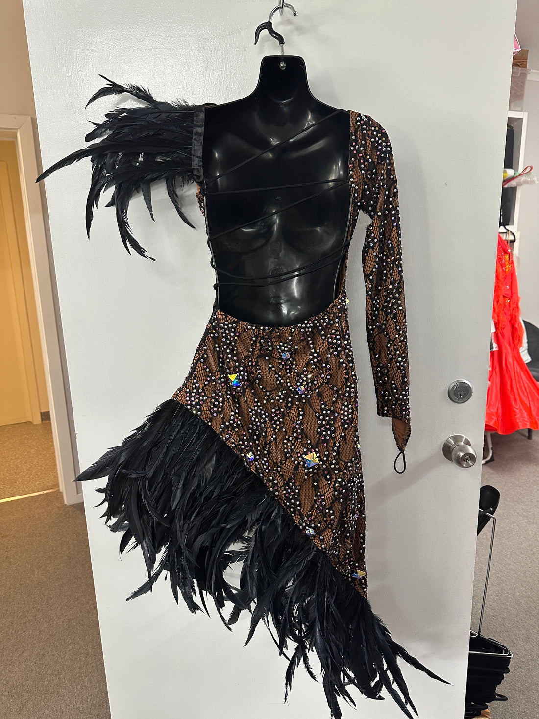 Pre Loved Black Lace Feather Latin Dress (Size 8-10)