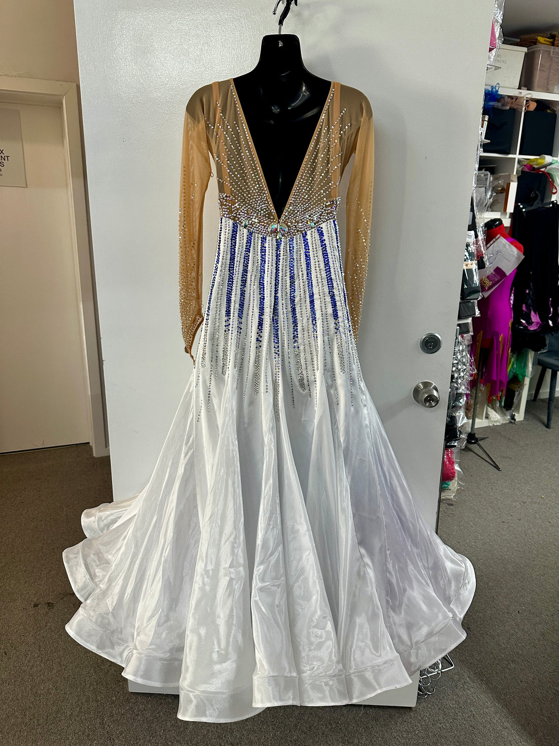 Pre Loved White & Blue Ballroom Dress (Size 10)