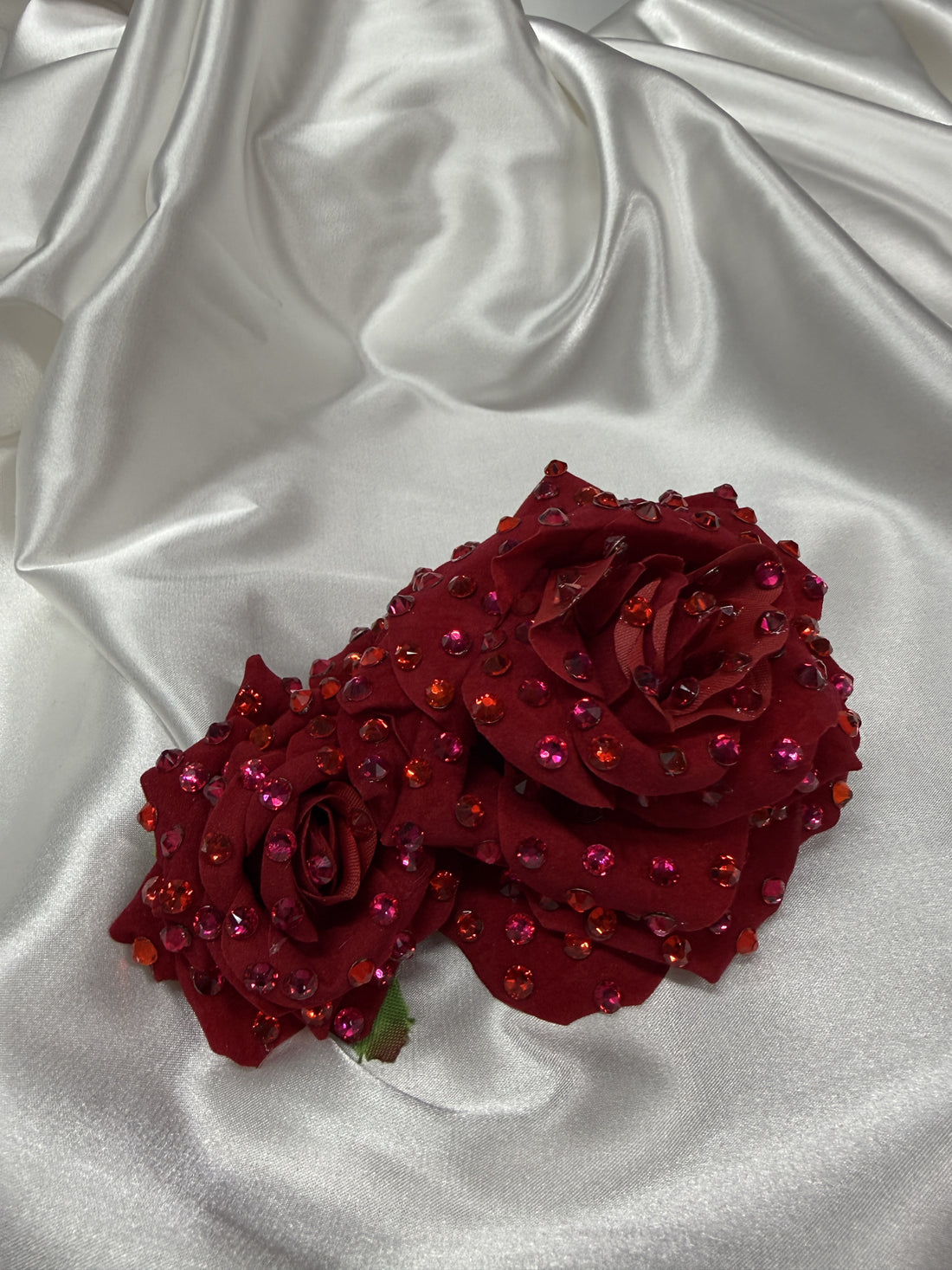 Double Red Flower with Pink & Red Crystals - On Clip