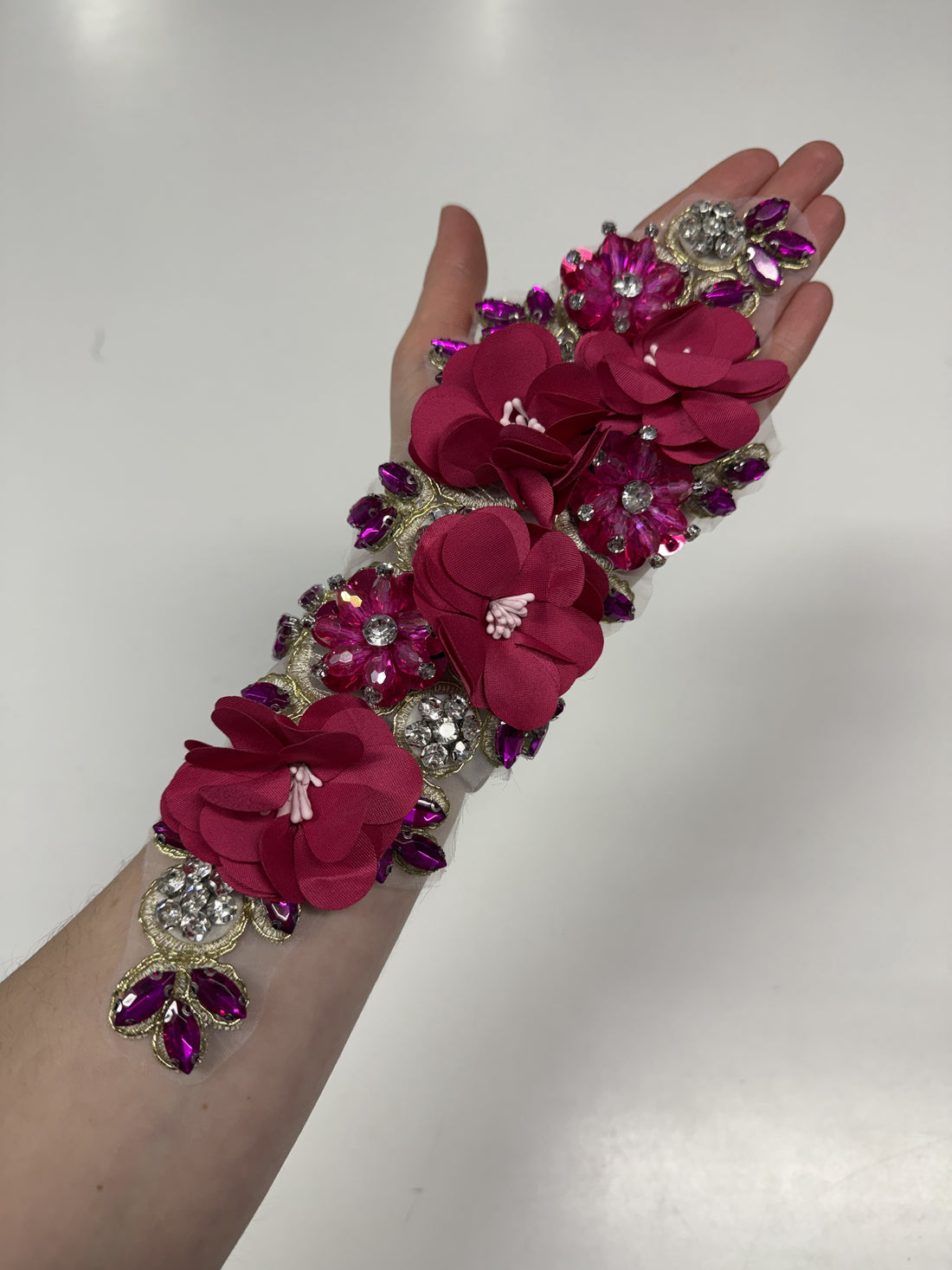 Penelope Fuchsia on Flesh Pink 3D Crystalled Lace Appliqué
