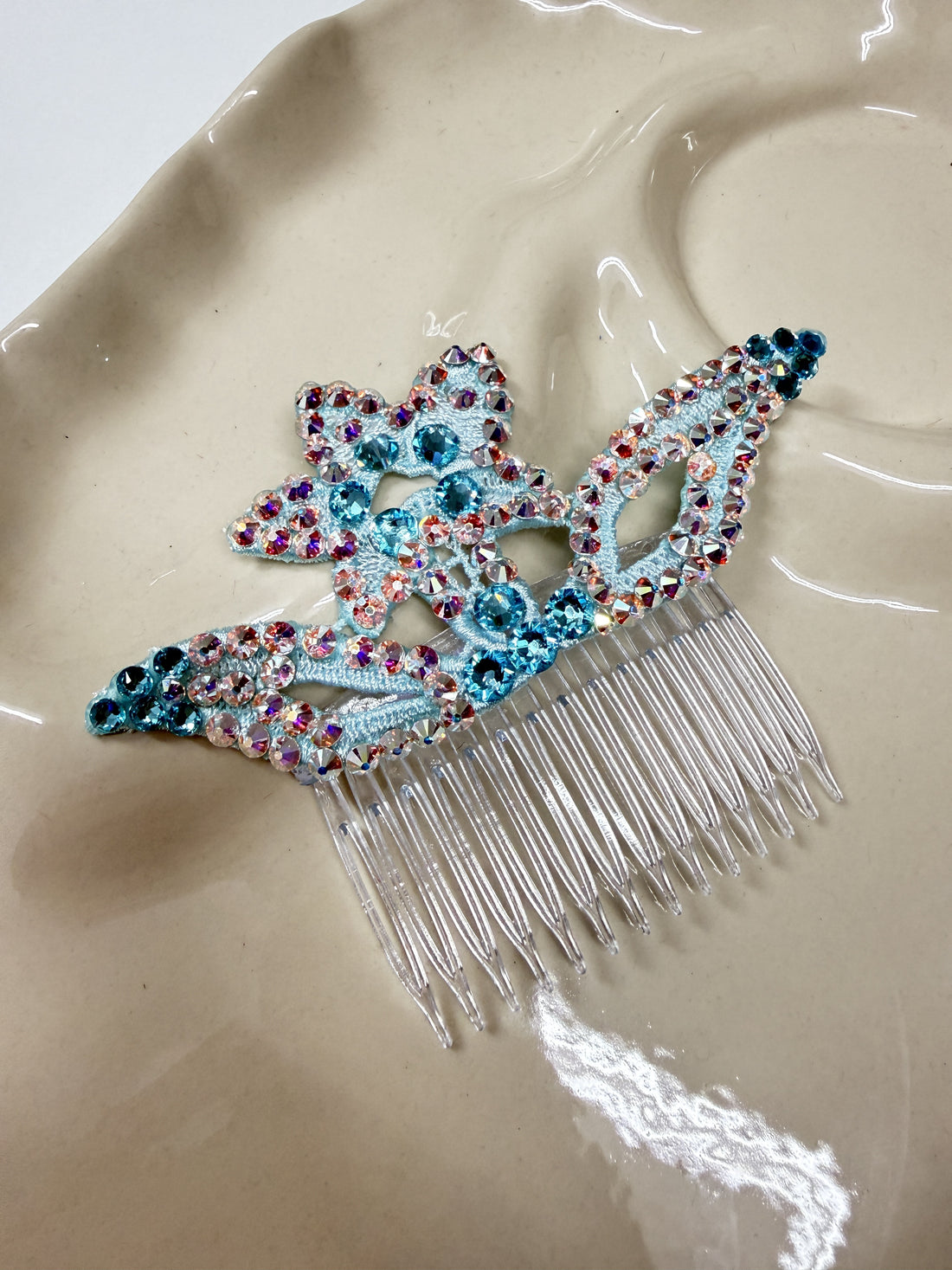Pale Turquoise & AB Floral Hair Comb