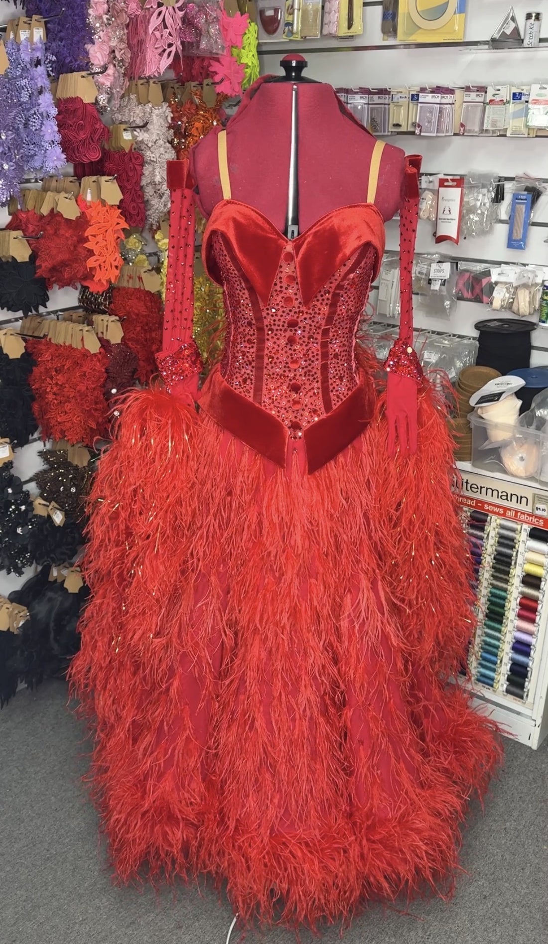 BRAND NEW RED FEATHER BALLROOM DRESS (Size 4-6)