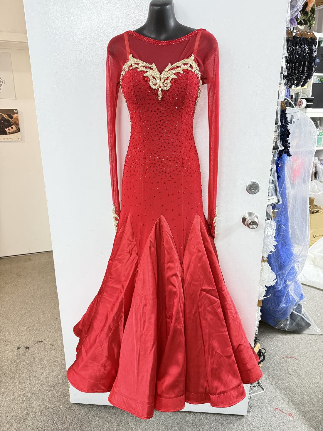 Pre Loved Red/Gold Lace Ballroom Dress (Size 8-10)