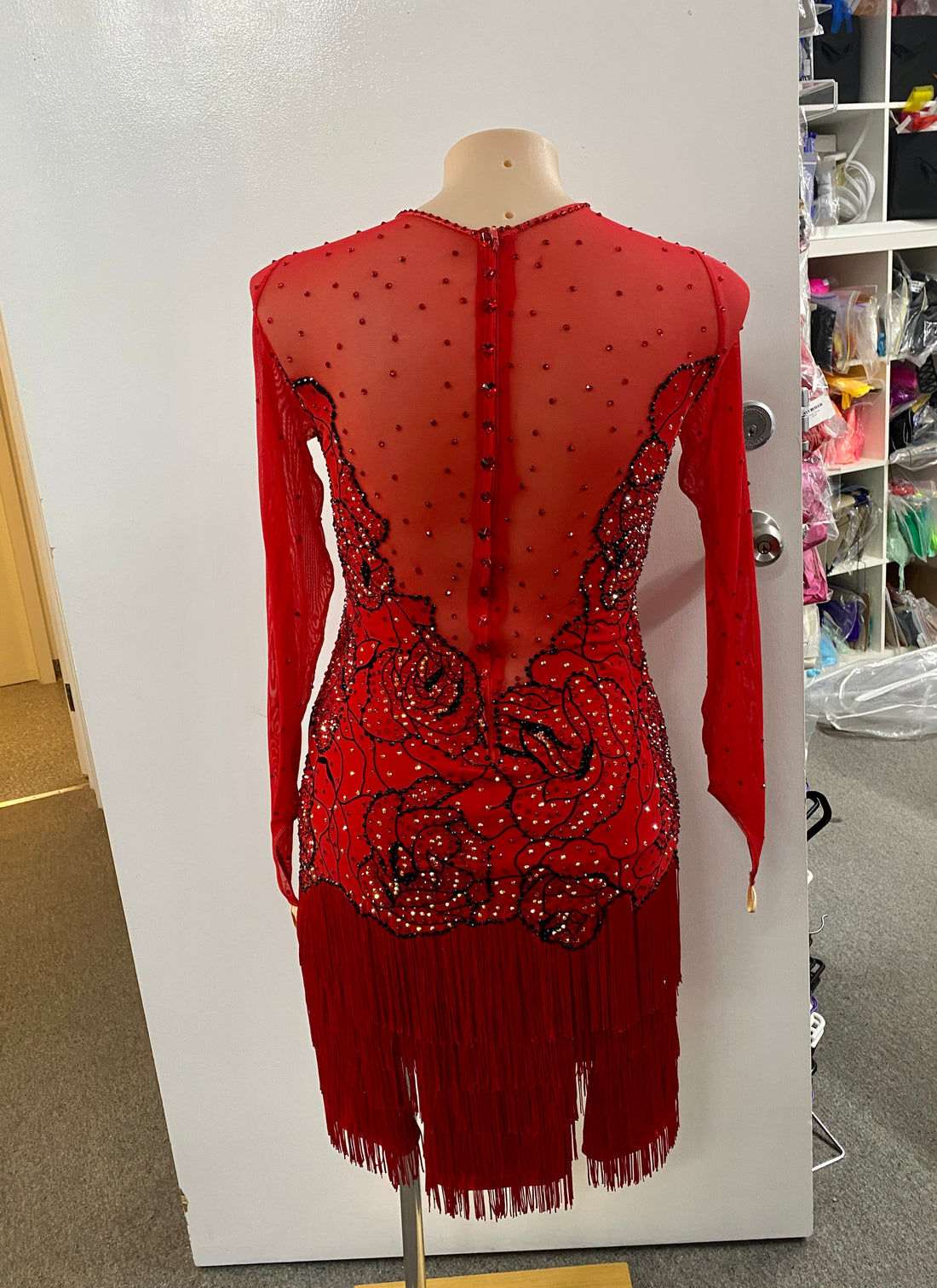 Red Flocked Latin Dress (Size 12-14)