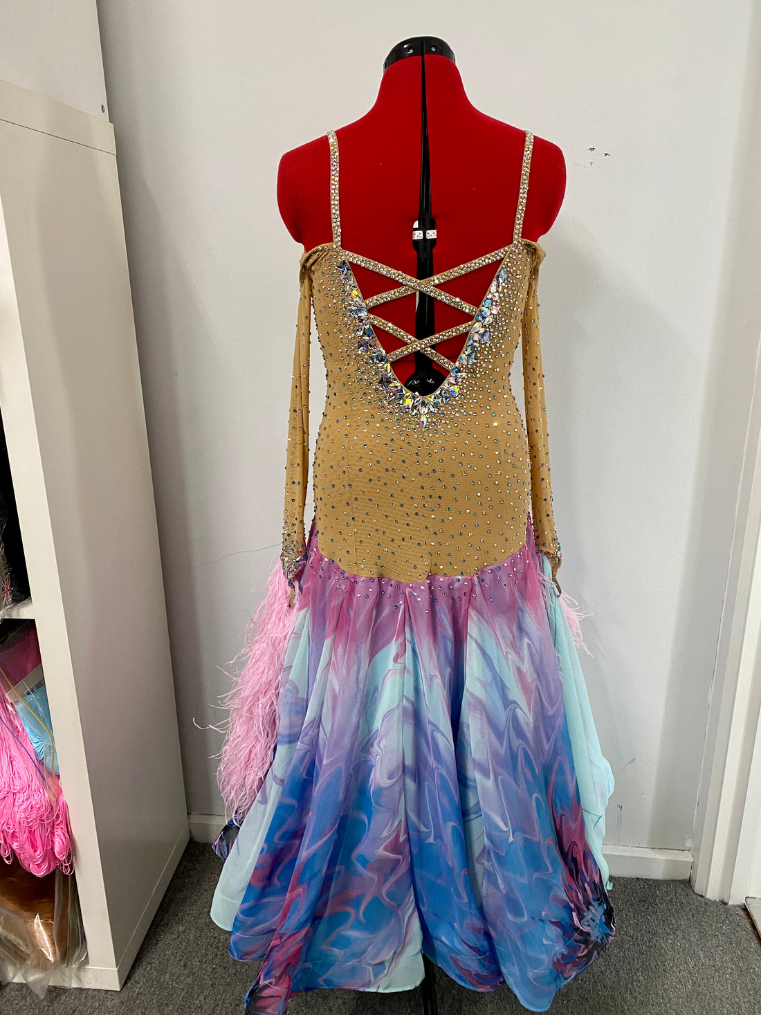 Blue/Pink Print Ballroom Dress (Size 8-10)