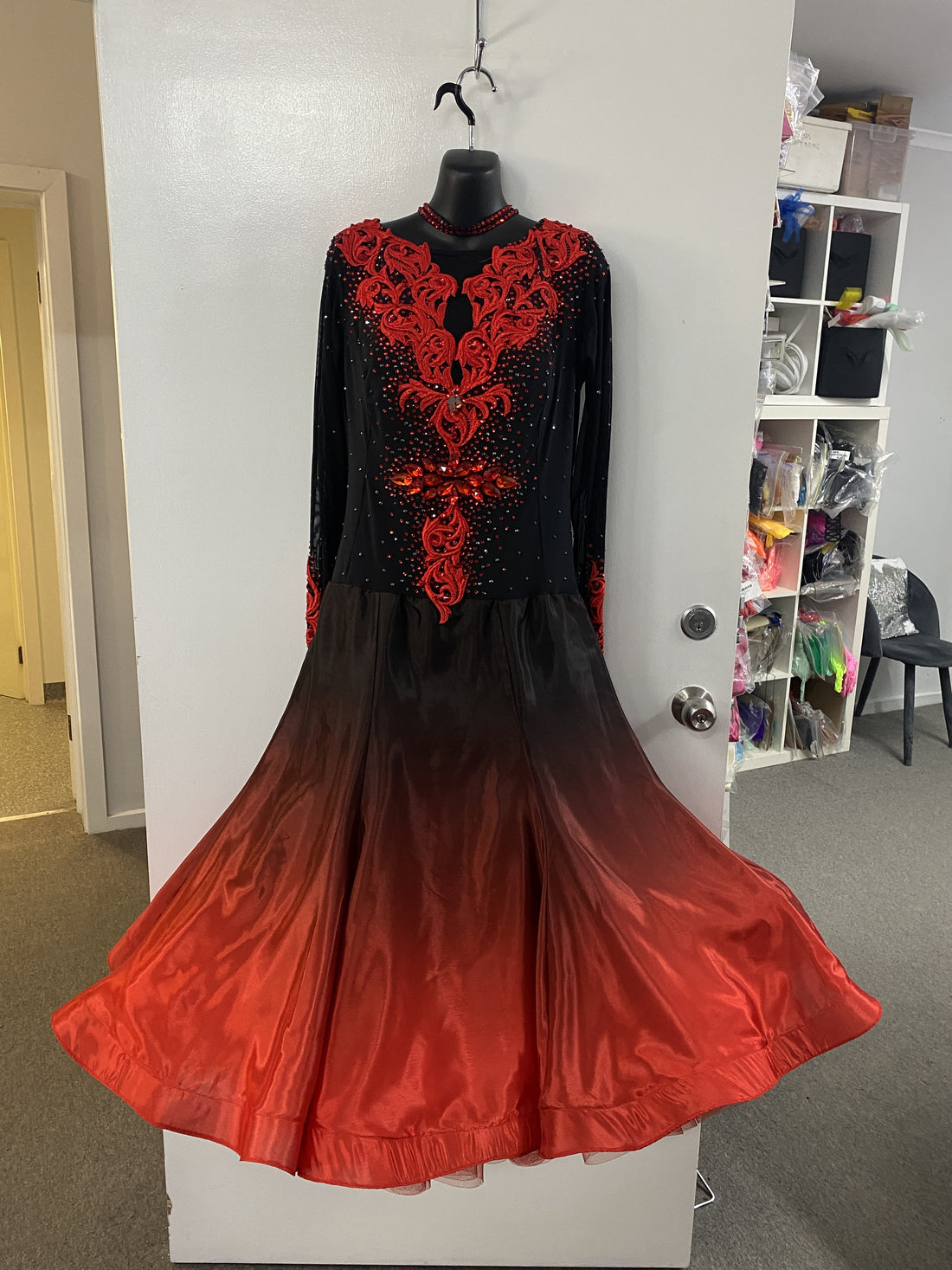 Pre Loved Shaded Black to Red Ballroom Dress (Size 12-14)