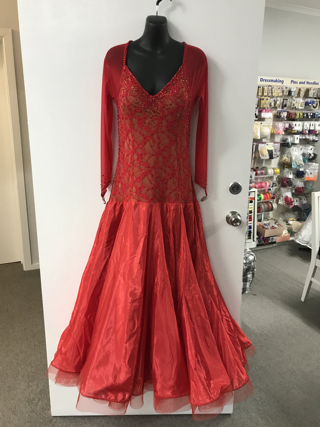 Pre Loved Flamenco Red Lace Ballroom Dress (Size 10-12)
