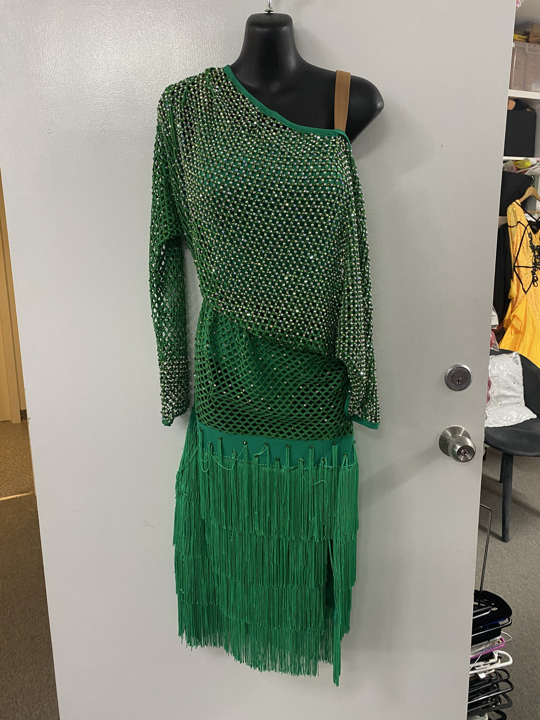Pre Loved Emerald Green Off the Shoulder Latin Dress (Size 12-14)